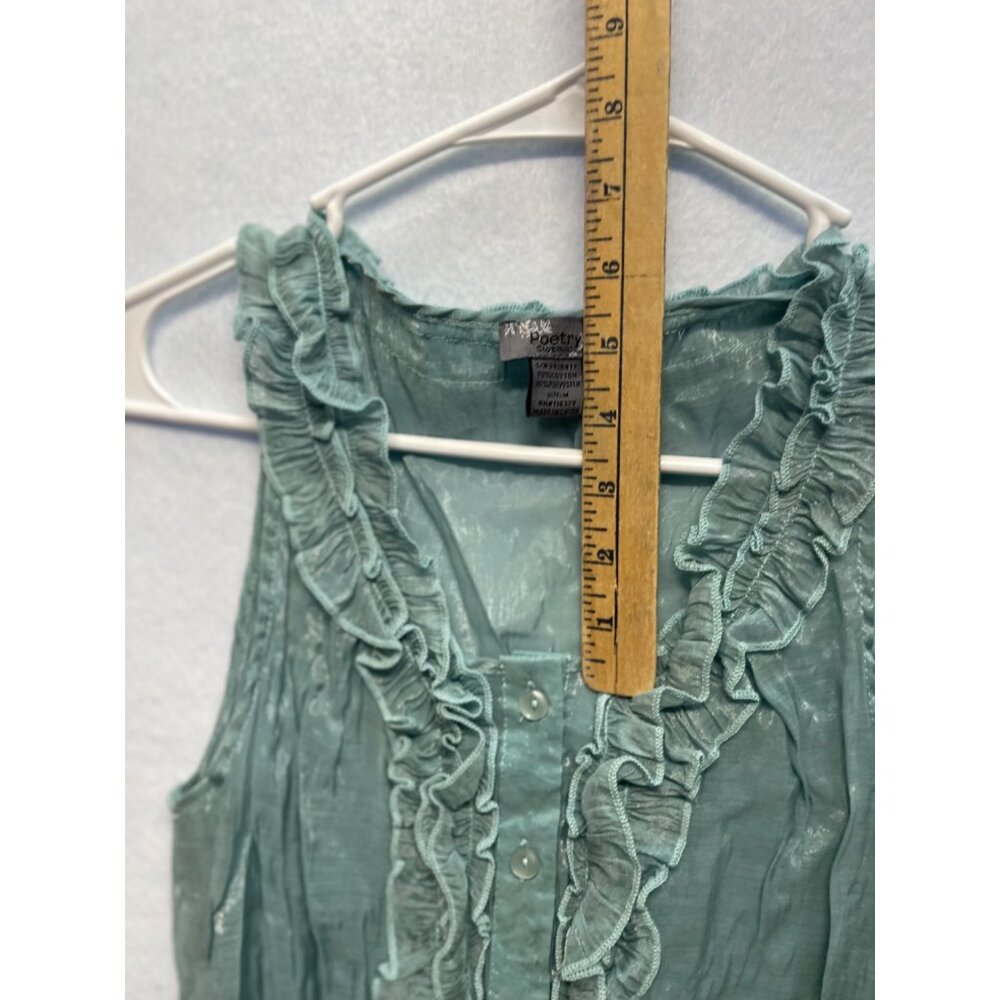 Poetry Clothing Blouse Aqua Blue Ruffle Front Sleeveless Size Medium - Picture 8 of 9